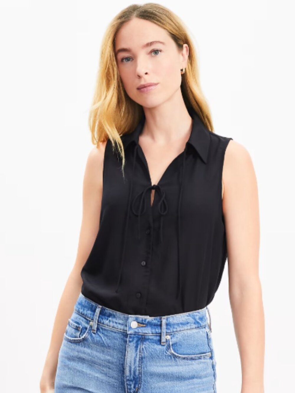 LOFT Double Tie Collared Shell Top Black Sleeveless Blouse | Size XL
